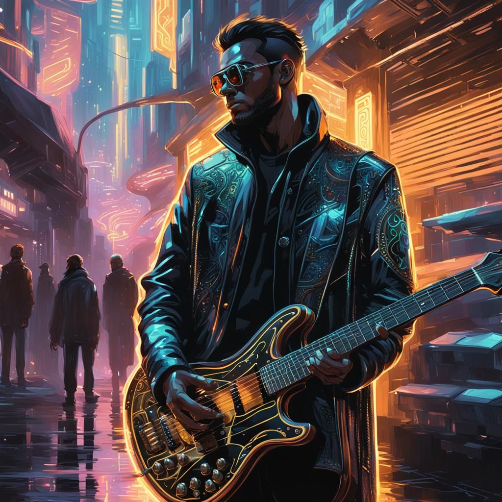 Cyberpunk Busker Portrait in Neon City