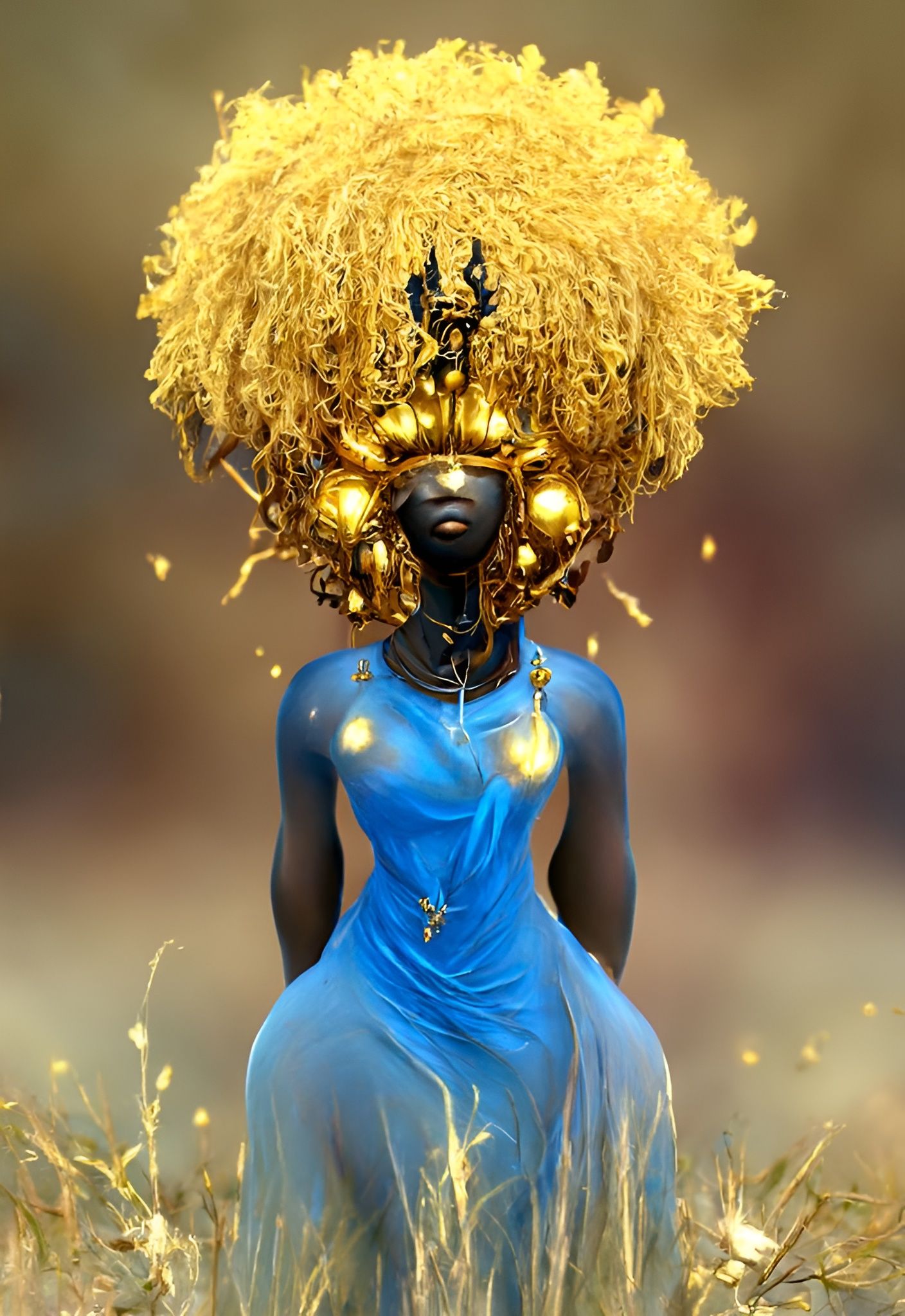 Golden Afro Voodoo Woman Portrait in Ethereal Style