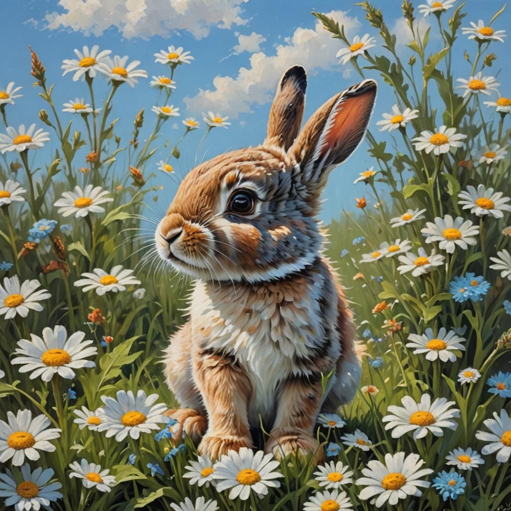 Baby Rabbit Eats Carrot in Wildflower Field