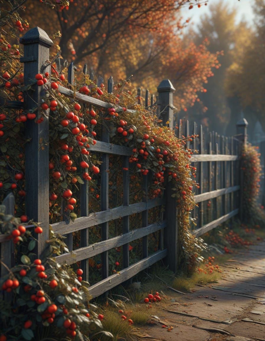 Rustic Autumn Scene with Wooden Fence and Rose Hips in Hyper...