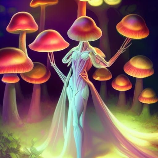 Glowing Mushroom Garden with Skeleton Lady