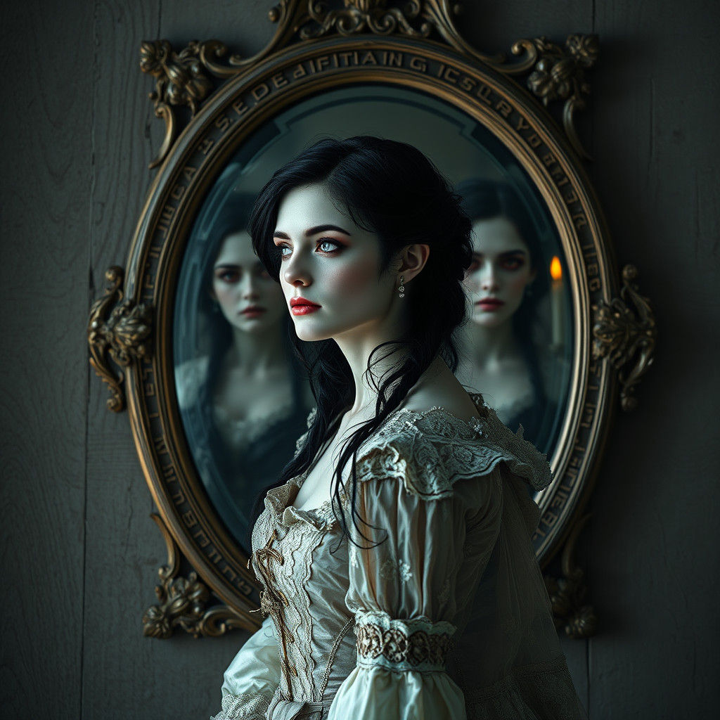 Terrified Woman Haunted by Mirror Reflection