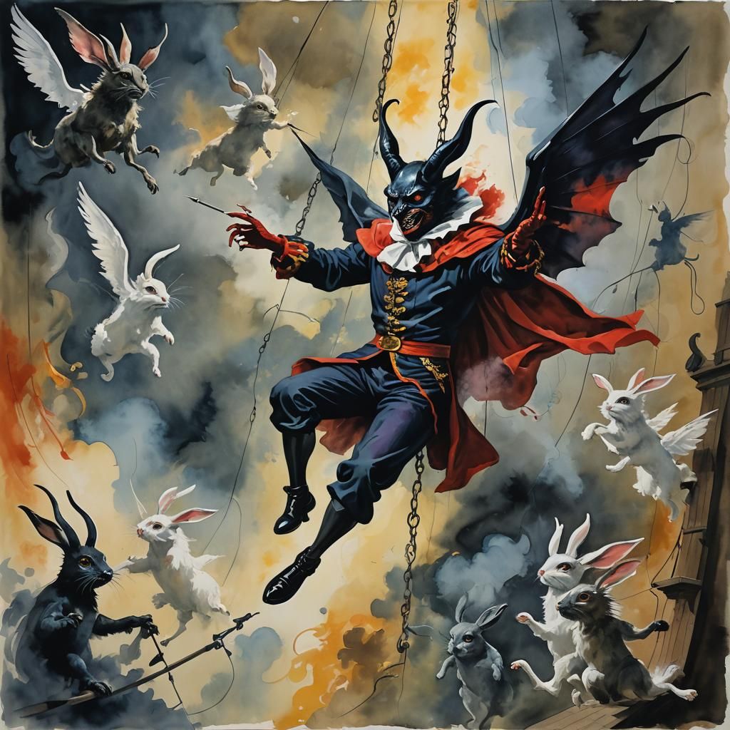 Mephistopheles on Trapeze in Gouache Watercolor