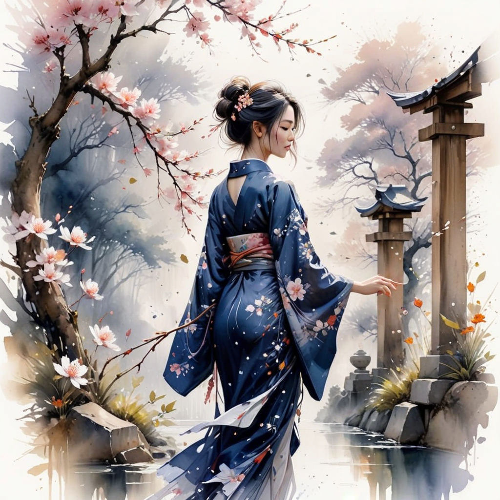 Serene Sakura Garden at Dawn with Grateful Figure