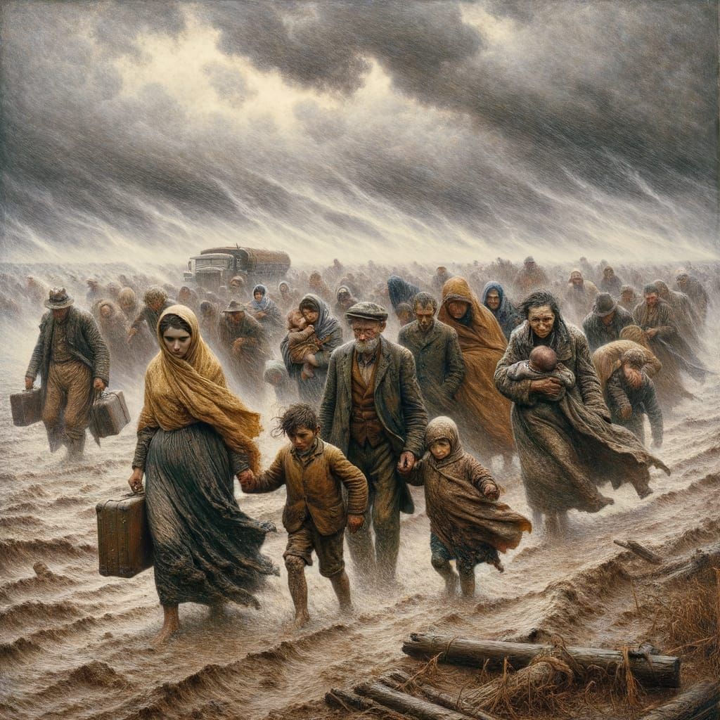 Weather-Beaten Travelers in Storm, Gouache Style