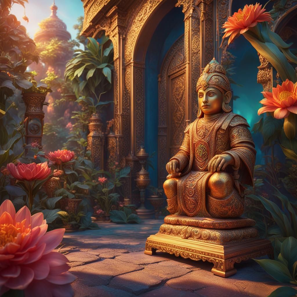 Vibrant Still Life with Exotic Flowers and Idol