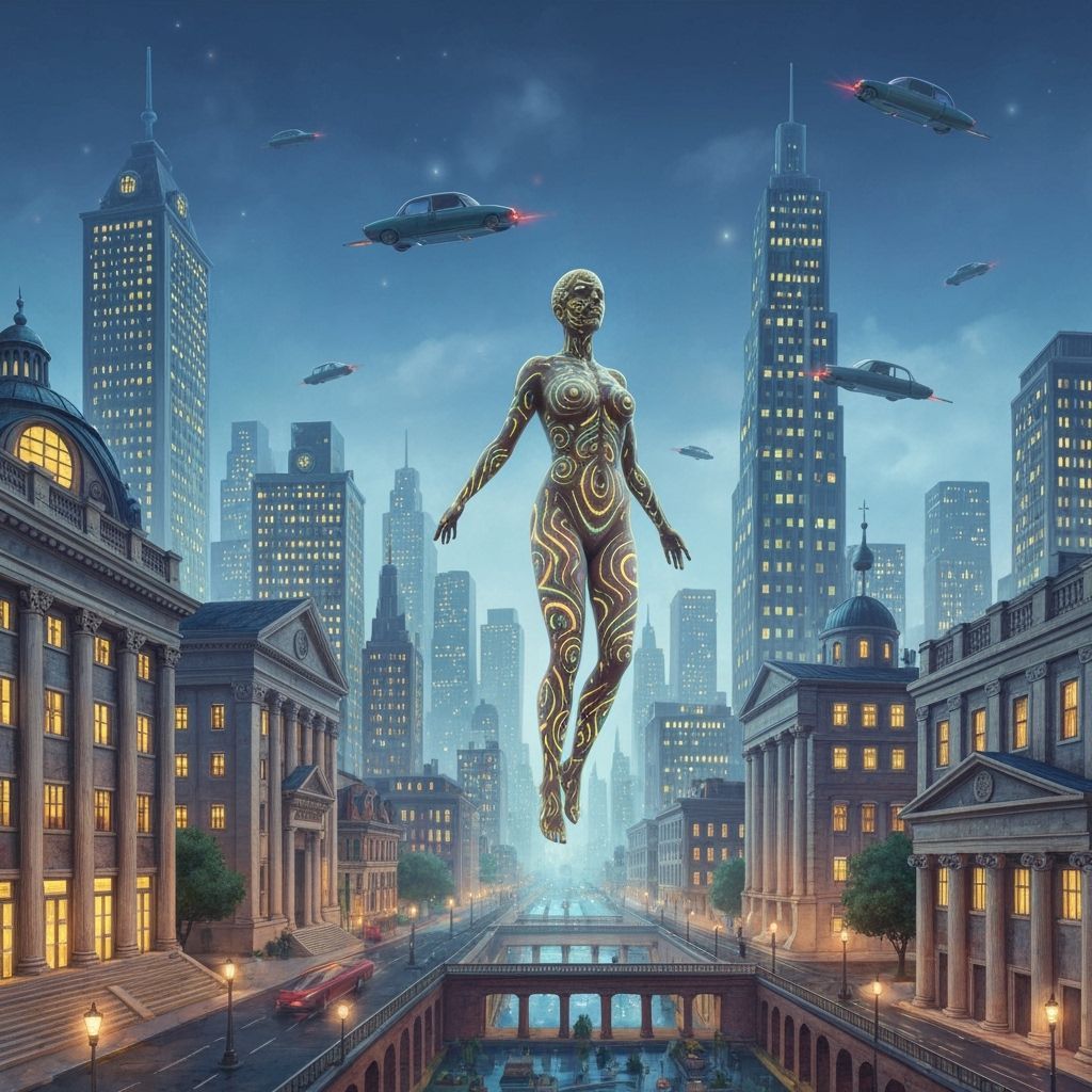 Bioluminescent Being Floats Over Surreal Cityscape