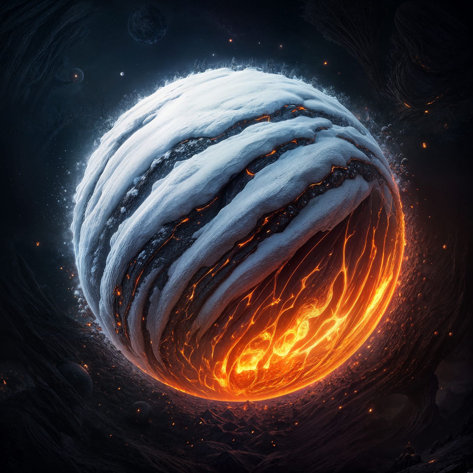 Ball of Snow with Fiery Aura, Fantastical Matte Painting