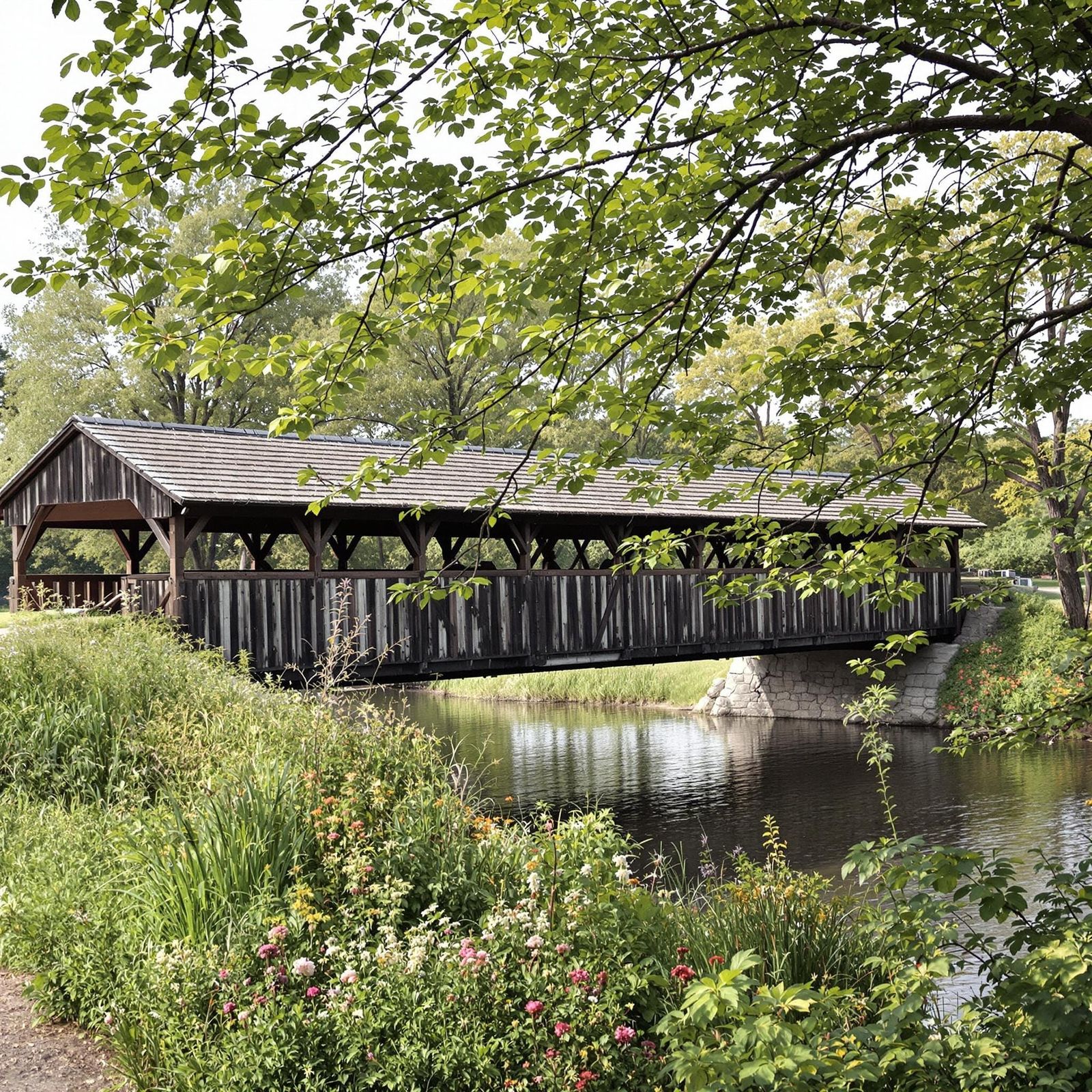 Scenic Covered Bridge Over River in Rural Landscape