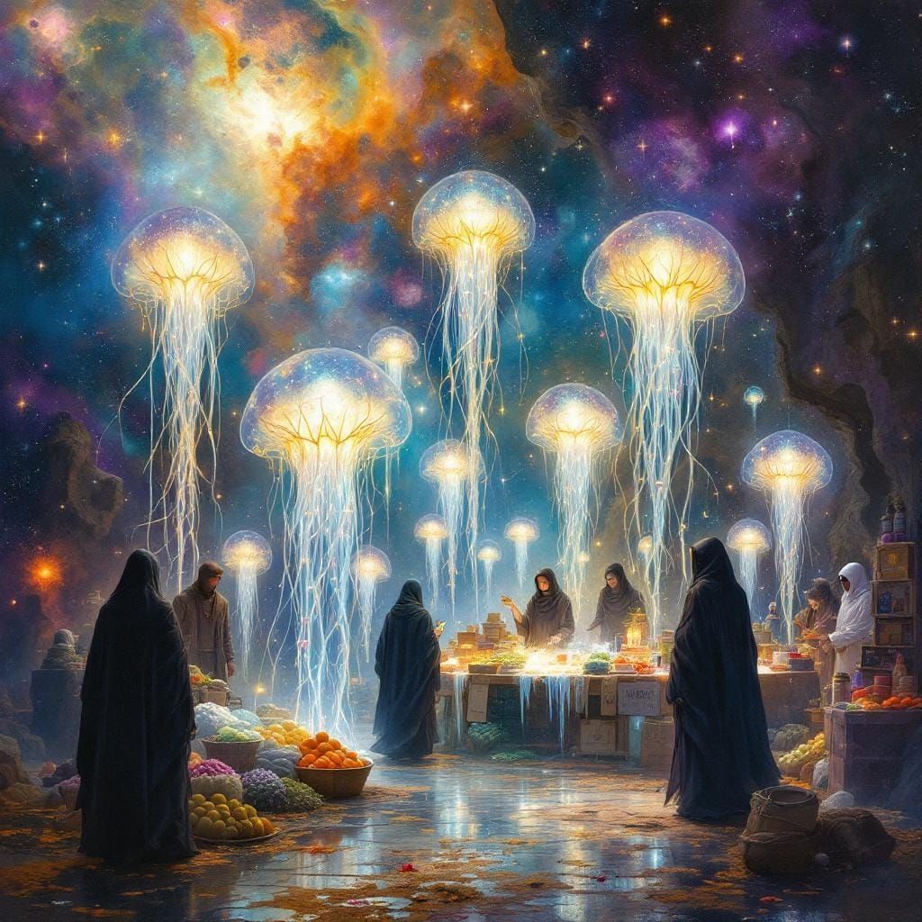 Ethereal Market in Space: Cosmic Abstract Art