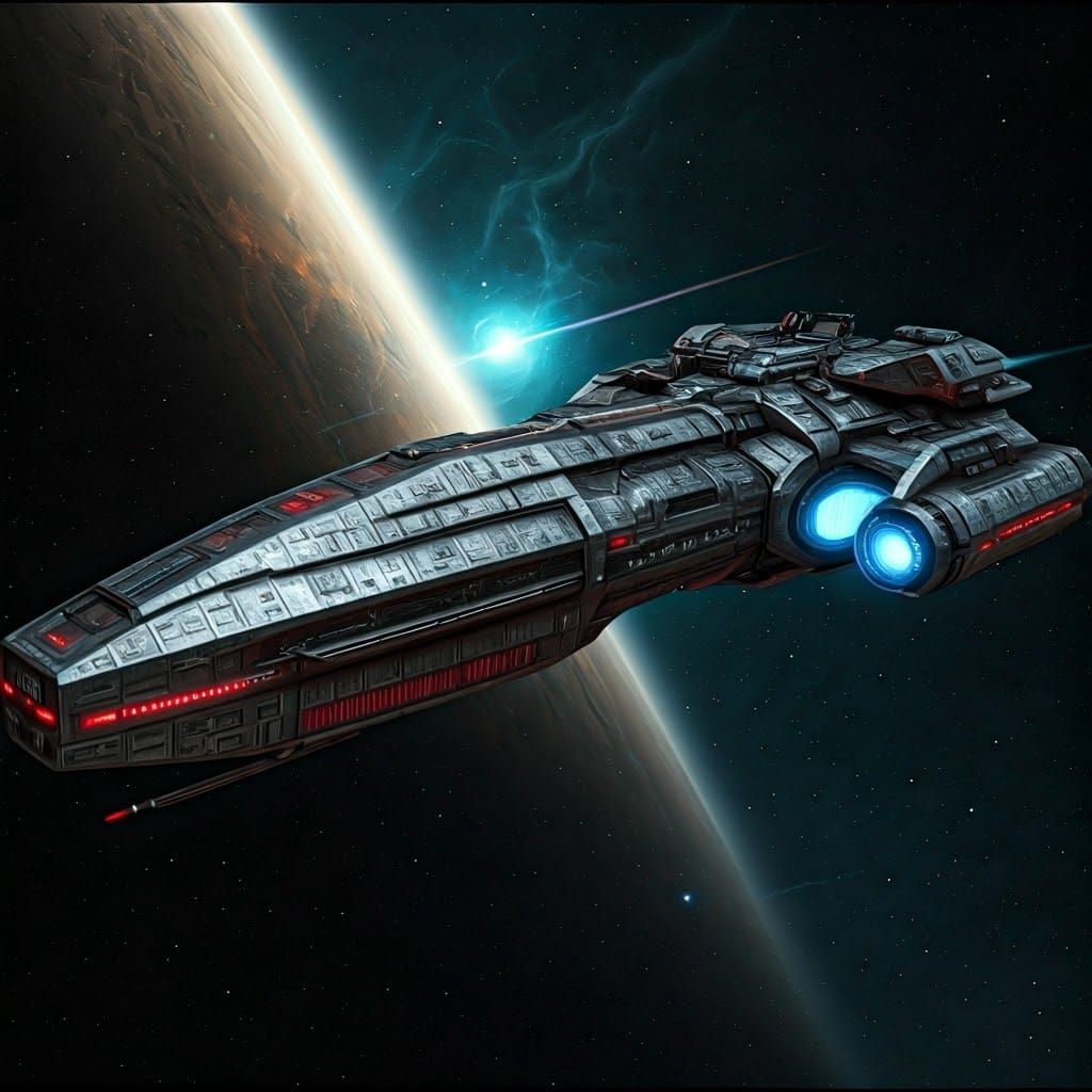 Colossal Steel Warship in Nebula, Cinematic Futurism