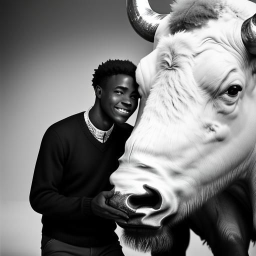 Boy Kissing Bison in Vintage B&W Photo