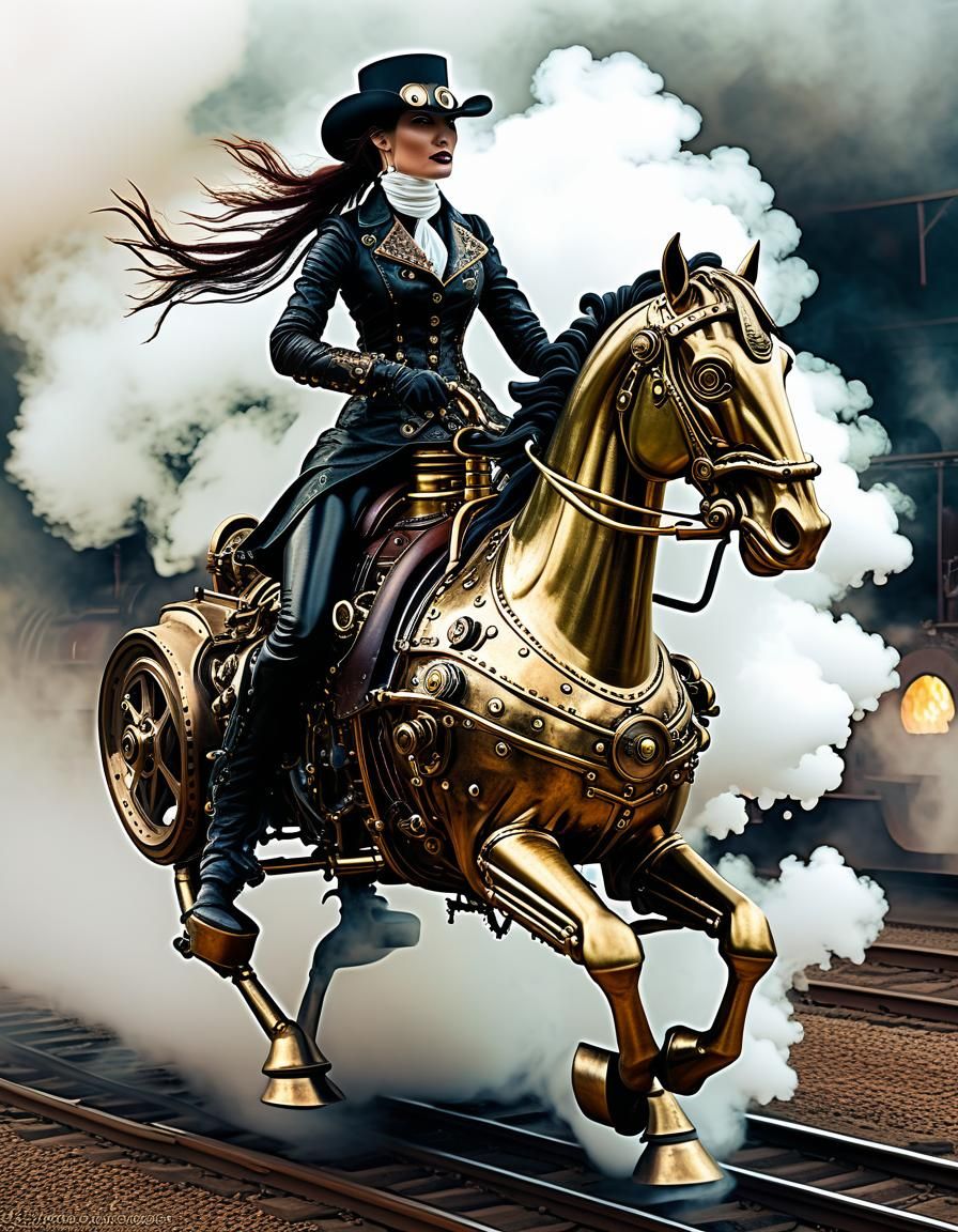 Steampunk Cowgirl Rides Steam-Powered Brass Horse