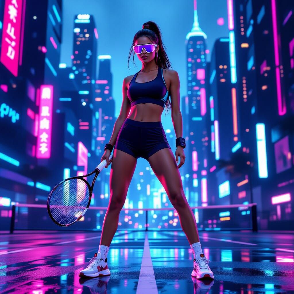 Cyberpunk Tennis Player in Neon Cityscape