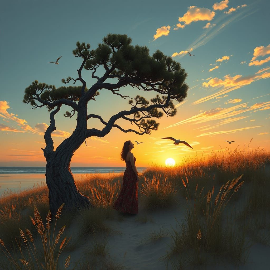 Girl Watching Sunset on Beach, Art Nouveau Style