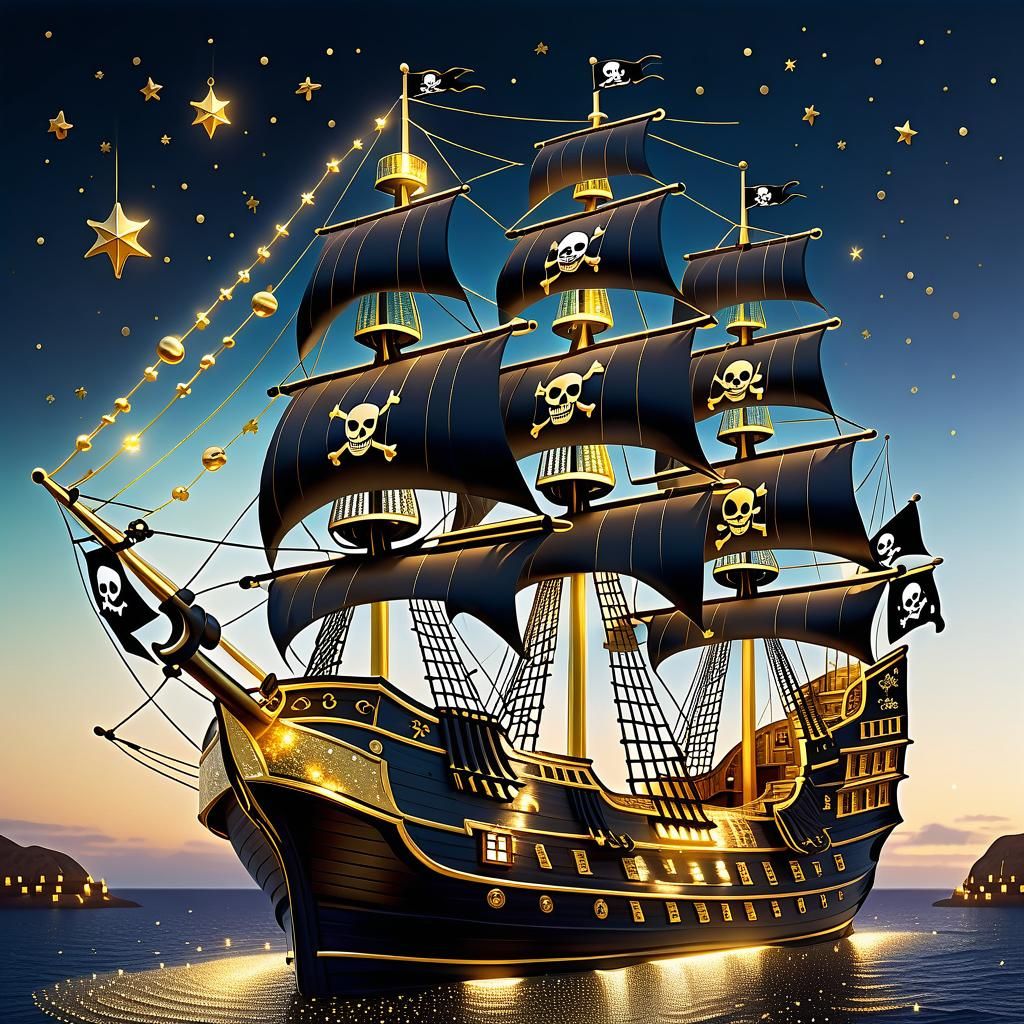 Golden Pirate Ship Shimmers with Stars