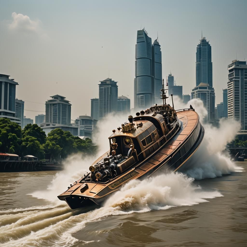 Steampunk Longtail Boat Races Down River