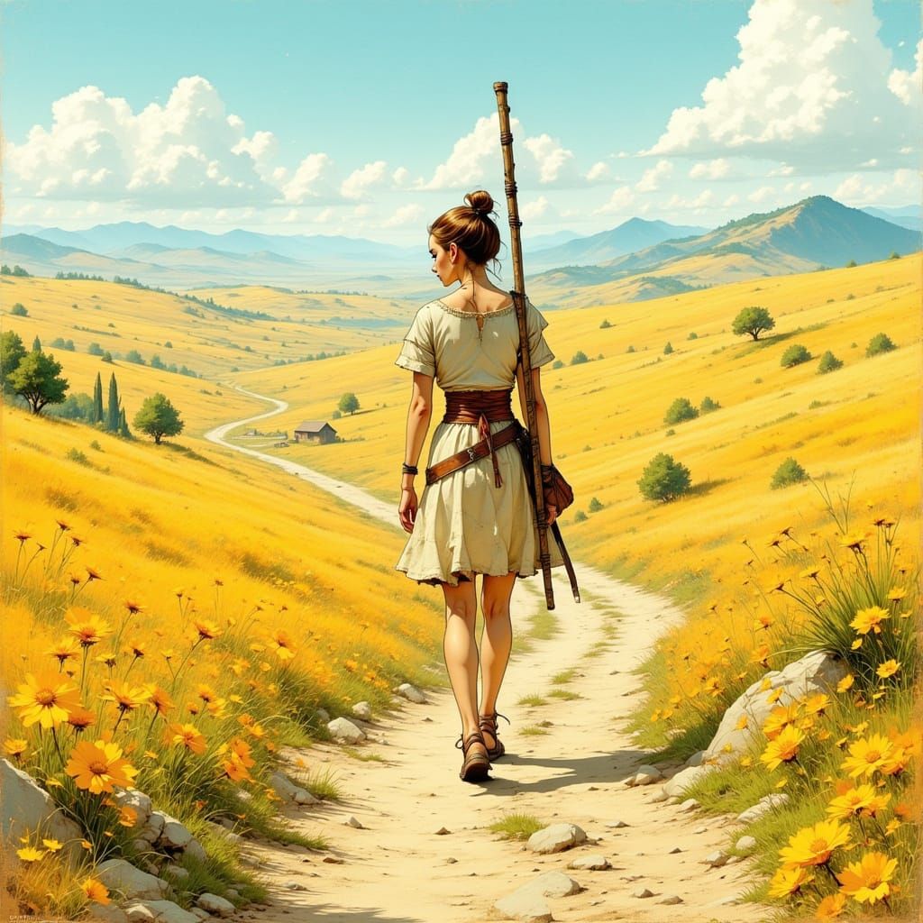 Lone Traveler on Golden Path: Cinematic Landscape