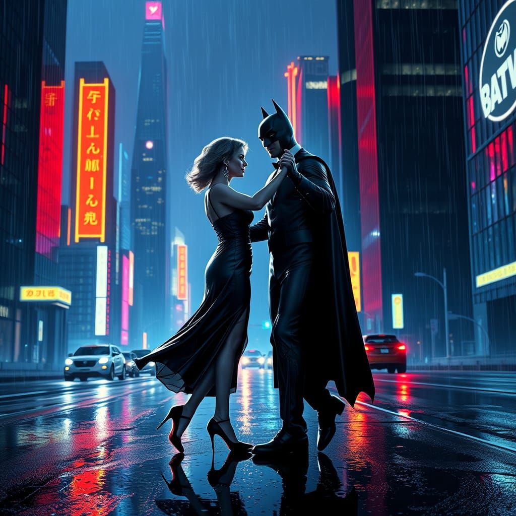 Batman Dances with Mother in Neon Cityscape