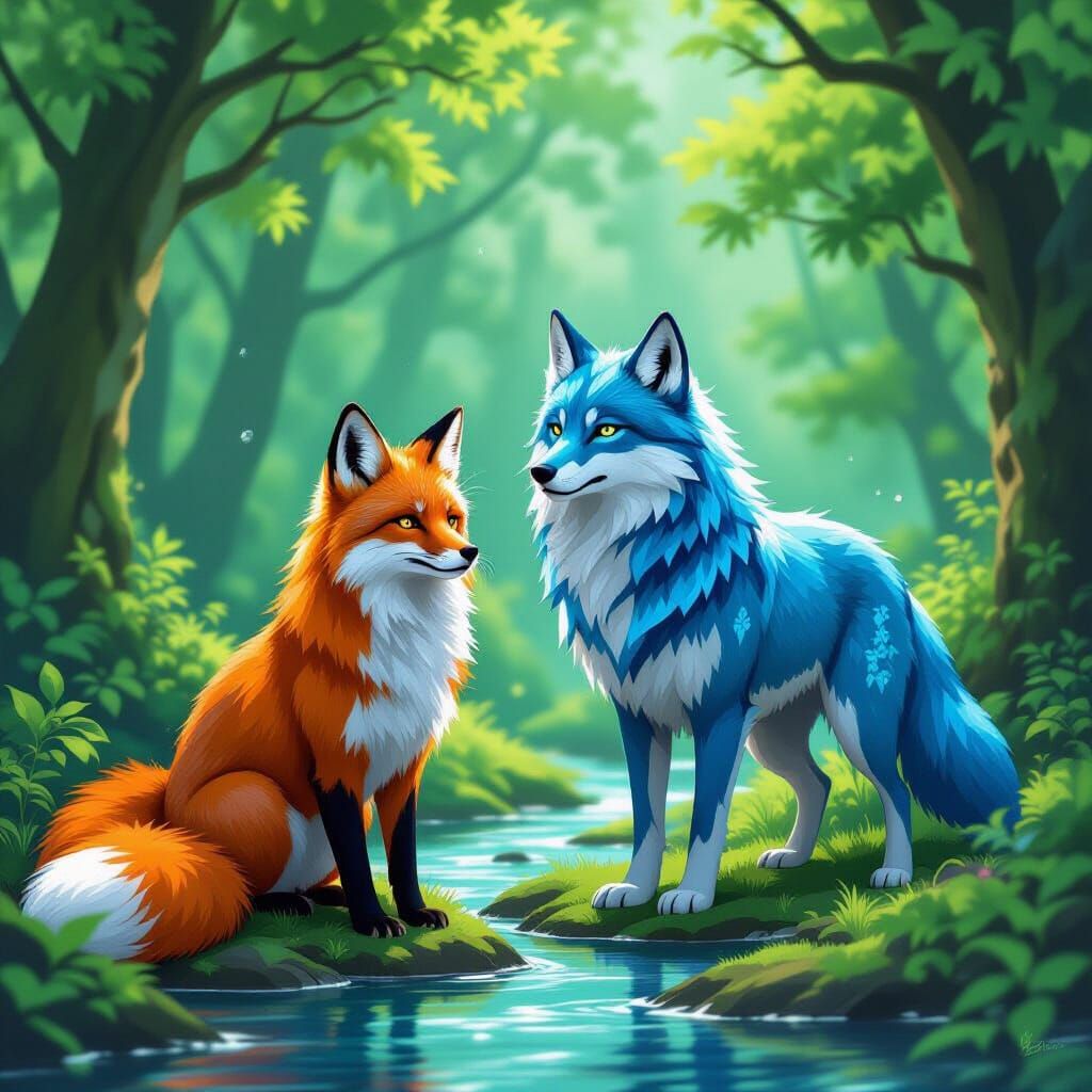 Red Fire Fox and Blue Water Wolf