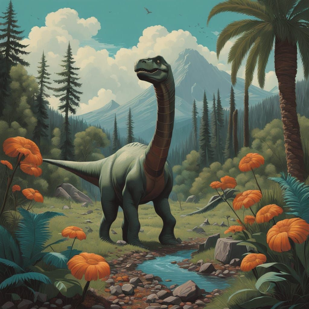 Diplodocus in Lush Mesozoic Landscape