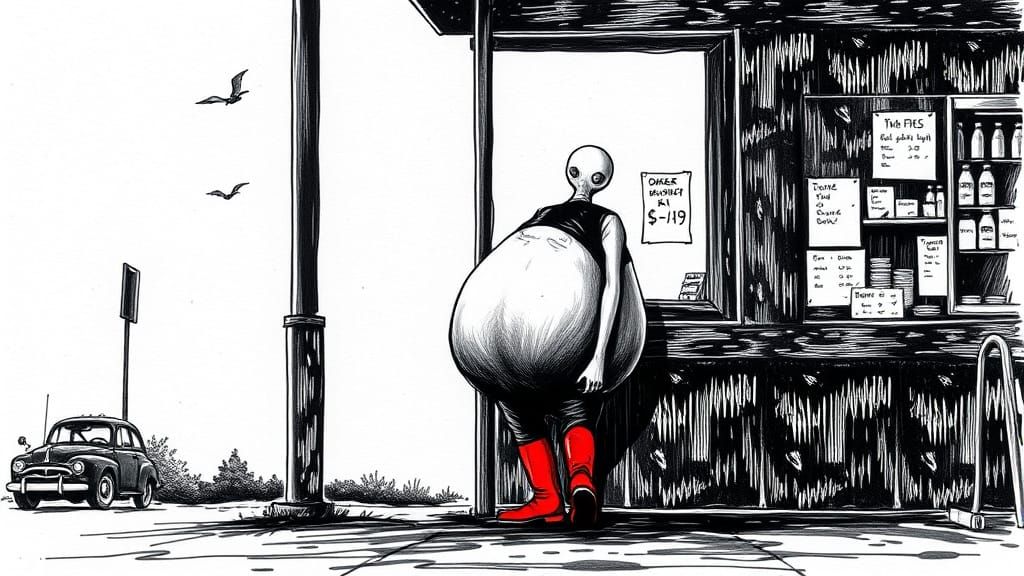 Overweight Slender Man at Drive-Thru in Black Ink Style