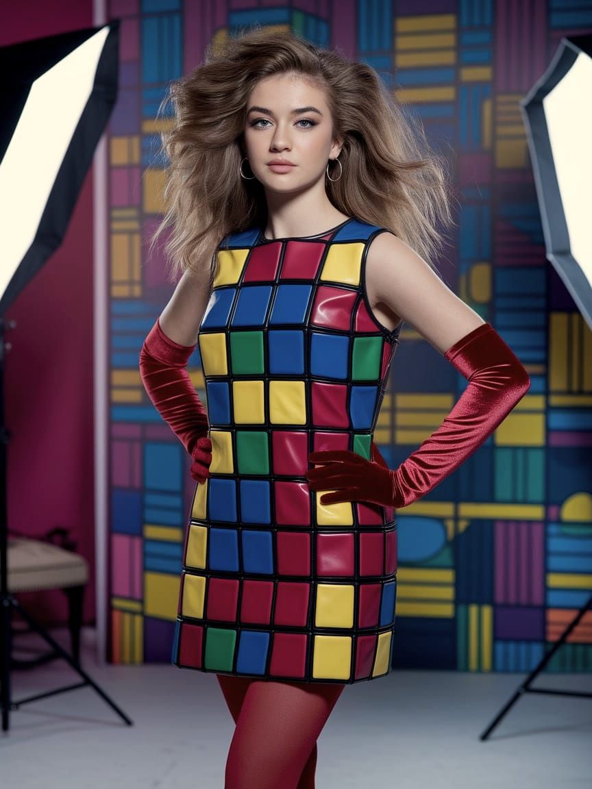 Elegant Woman in 1980s-Inspired Rubik's Cube Dress