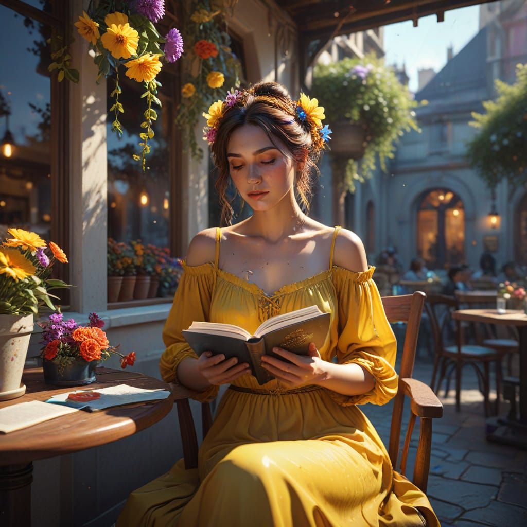 Reading in the floral cafe