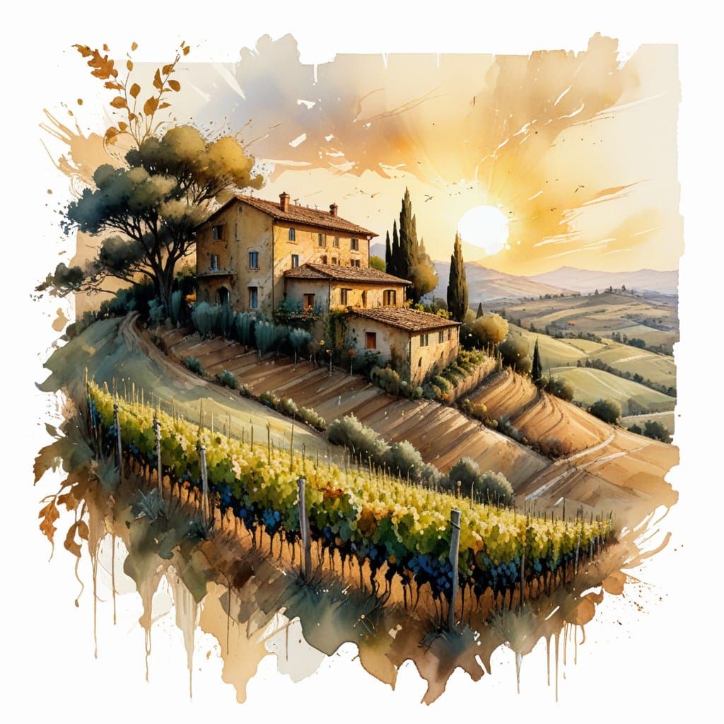 Tuscan Villa in Golden Light: Watercolour Painting