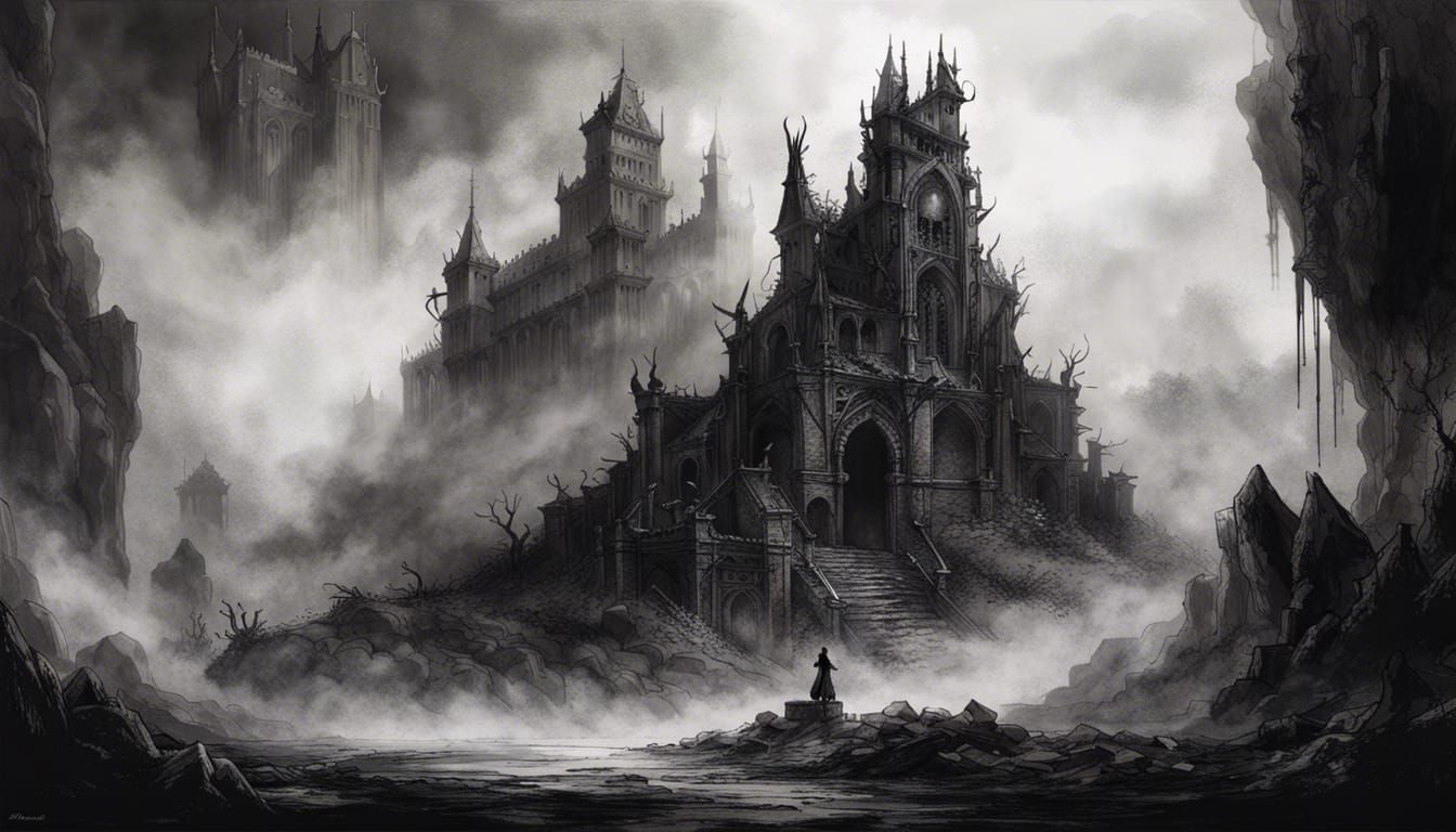 Ancient Dark Temple Ruins in Black and White Ink