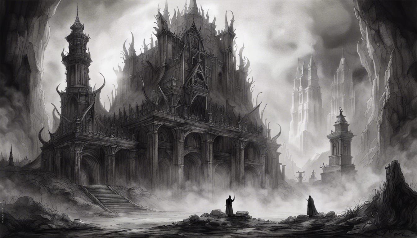 Ancient Dark Ruin: Black and White Ink Drawing