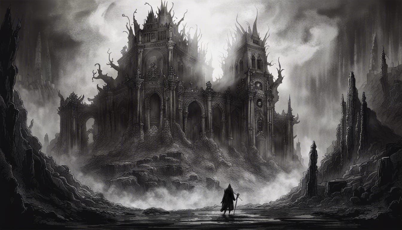 Dark Temple Ruins with Demon Overlord: Ink Drawing