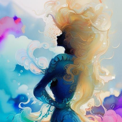Watercolor Girl with Flowing Blonde Hair