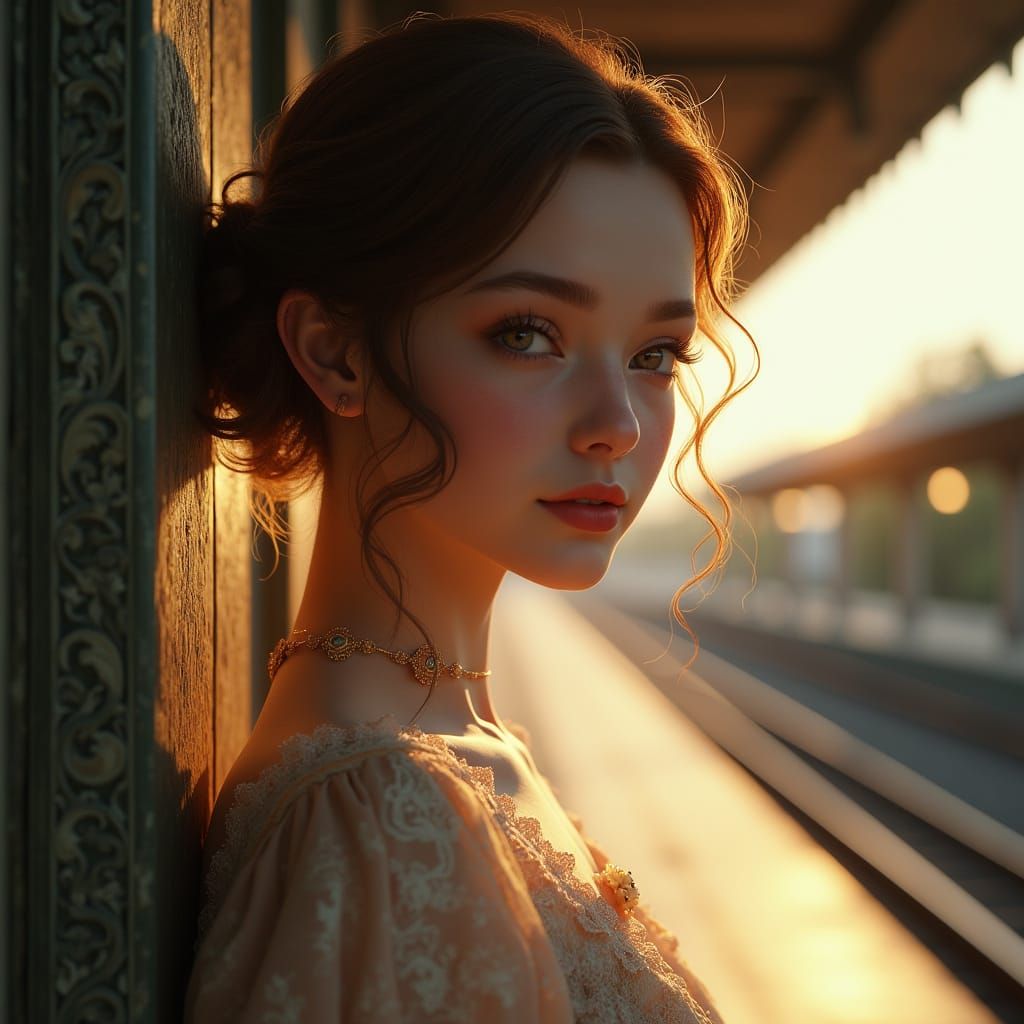 Elegant Train Station Portrait in Art Nouveau Style