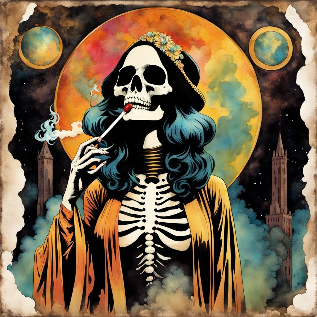 Vintage Comic of Hippie with Ghostly Skull