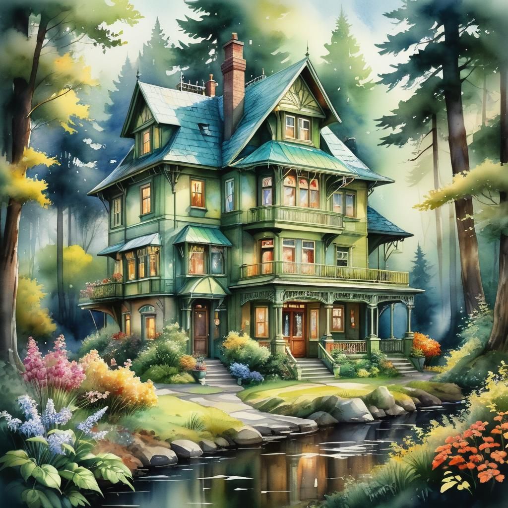 Forest Cottage in Romantic Watercolor Style