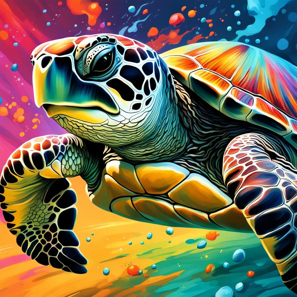 Hyperrealistic Sea Turtle Splash Art Portrait