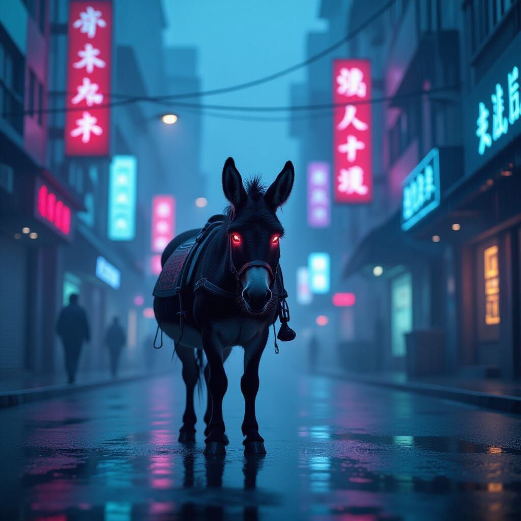 Cyberpunk Donkey in Neon City Alley