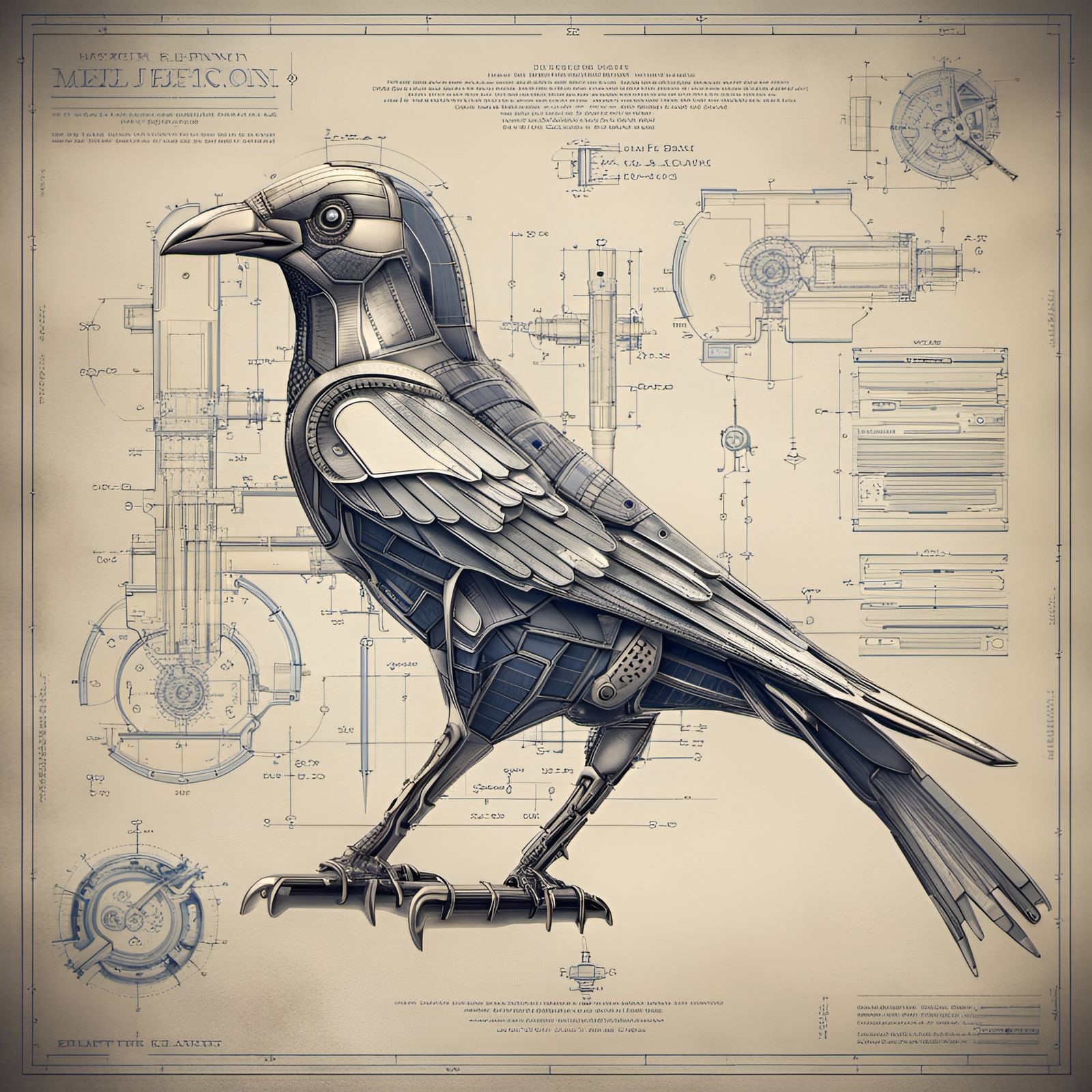 Detailed Blueprint of a Mechanical Bird