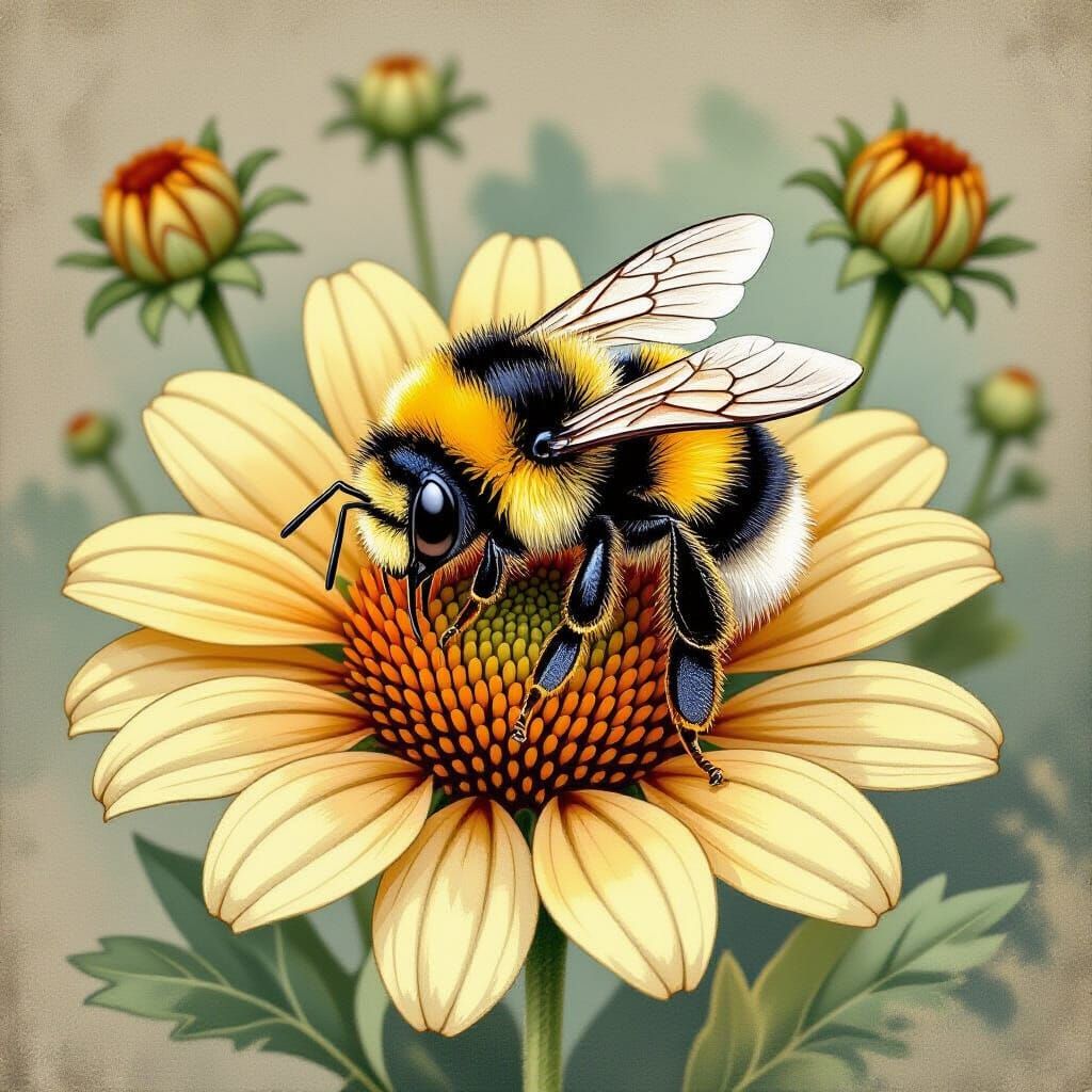 Sleepy Bumblebee Botanical Illustration