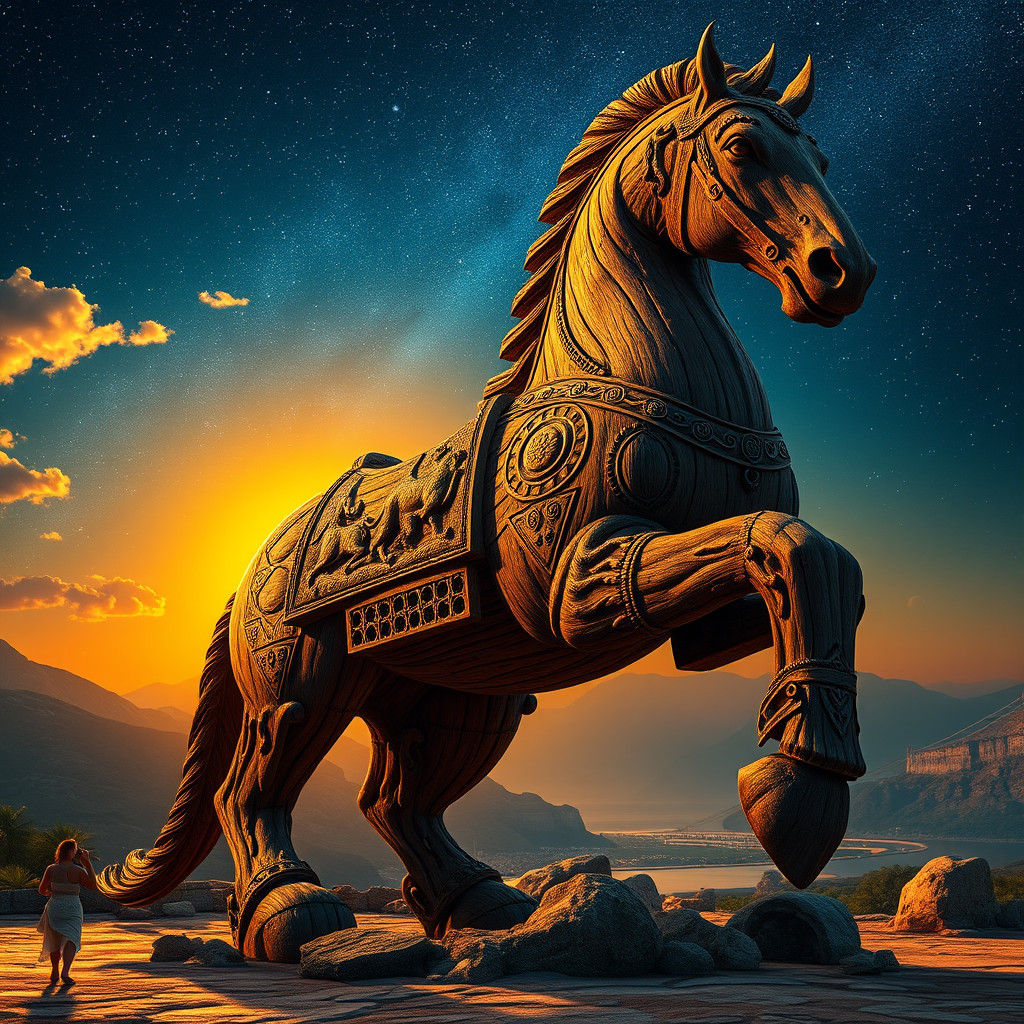 Colossal Wooden Horse of Troy at Sunset