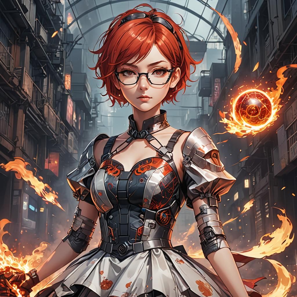 Cyberpunk Anime Girl in Flaming Ball Gown