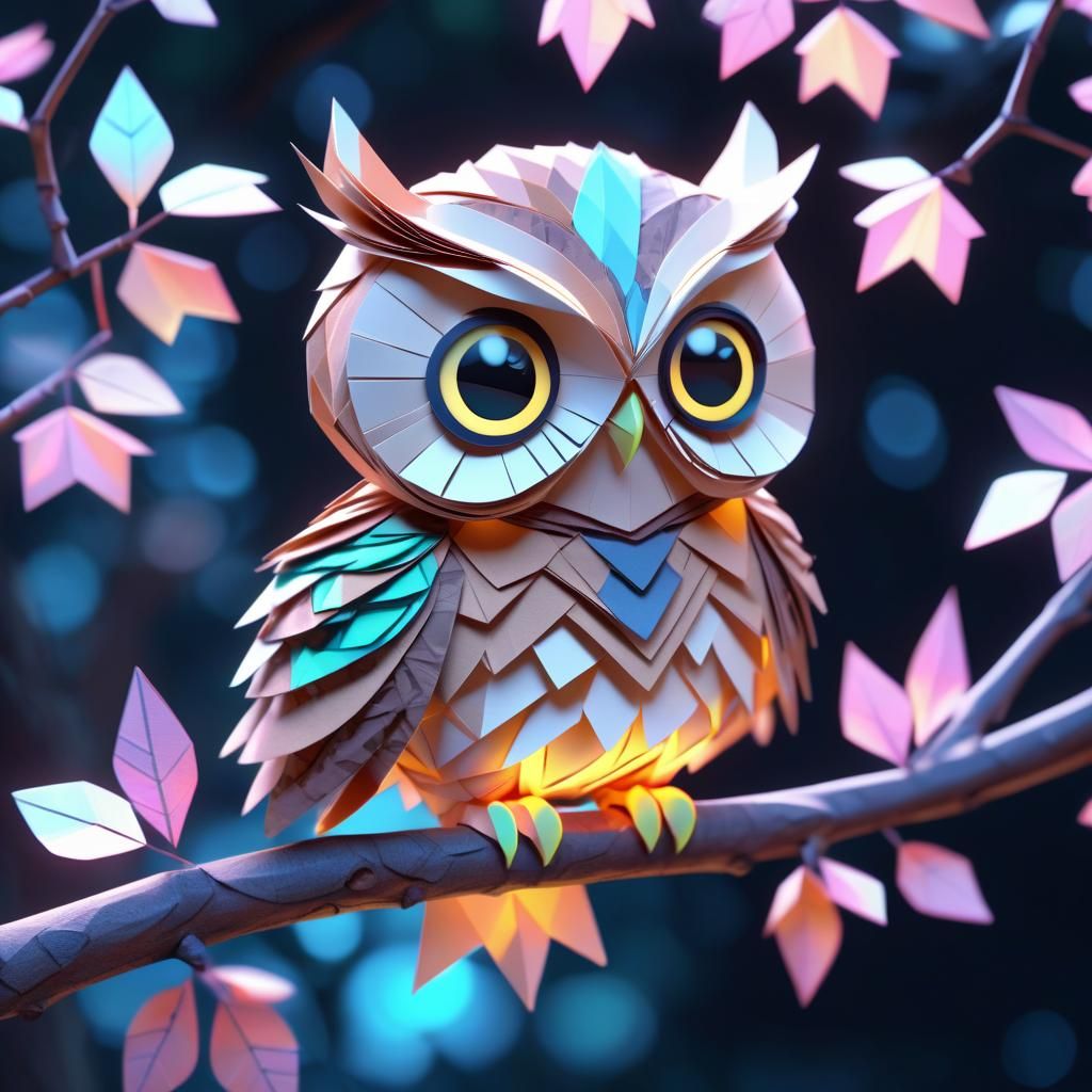 Happy Chibi Owl on Branch in Origami Style