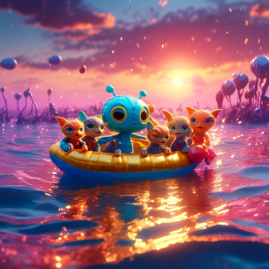 Aliens in Lifeboat at Sunset: Hyperrealistic Digital Paintin...