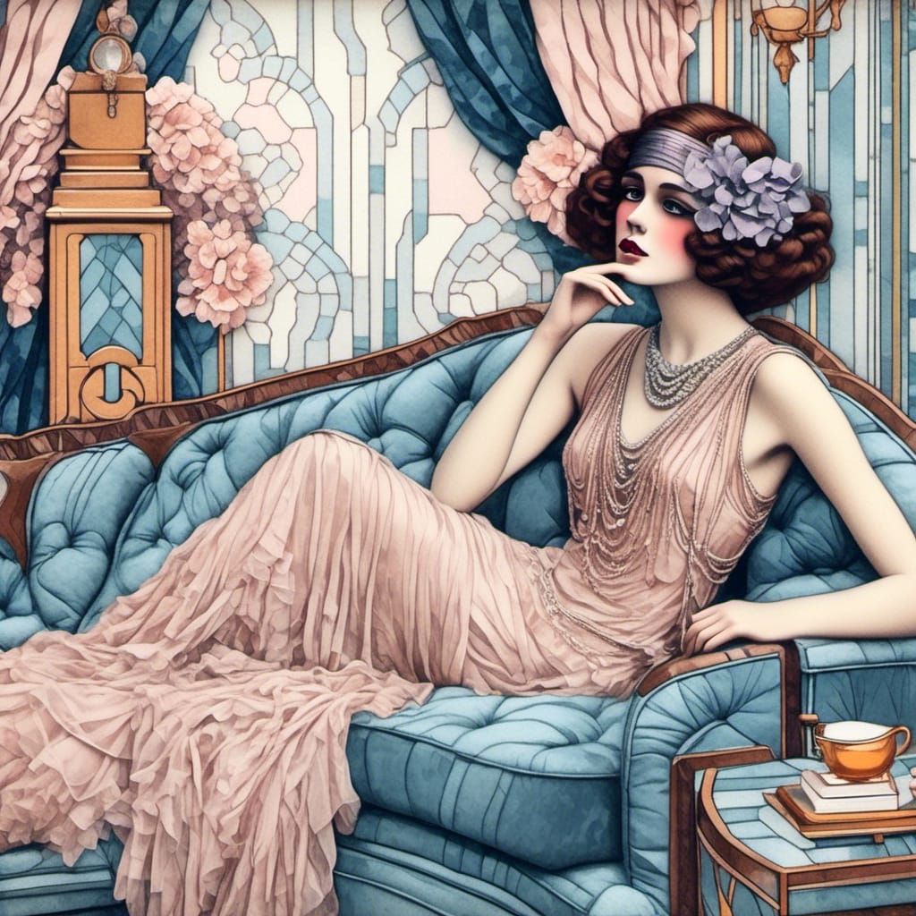 Art Deco Woman in 1920s Smoking Room