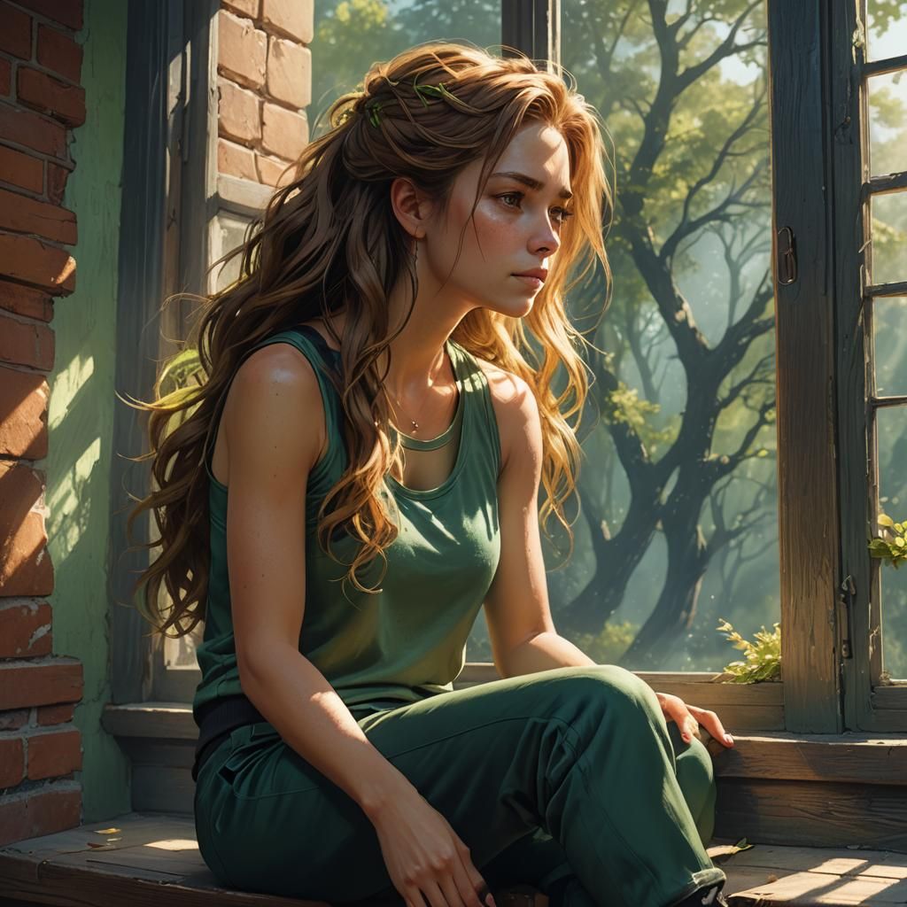 Fantasy Portrait: Woman Gazing Out Window in Sunlight