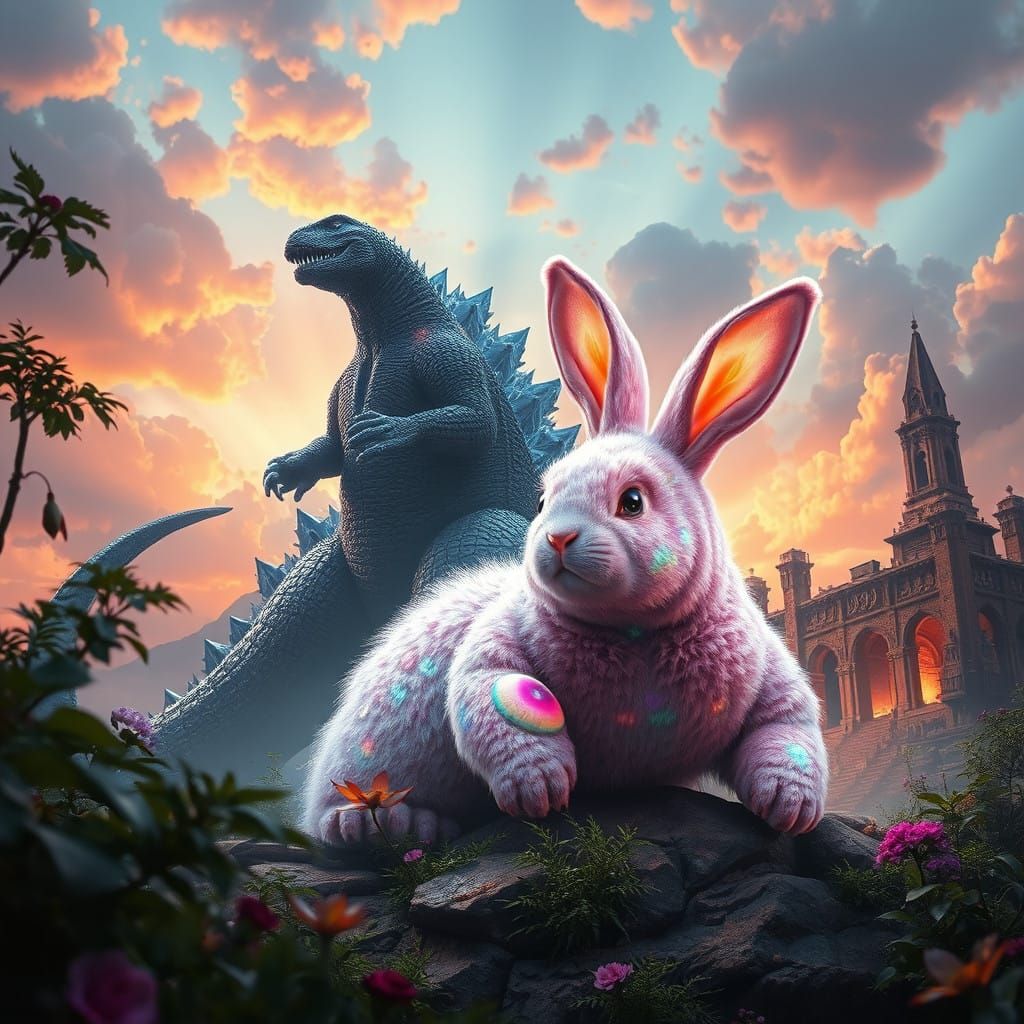 Godzilla and Majestic Bunny: A Fantastical 8k Matte Painting