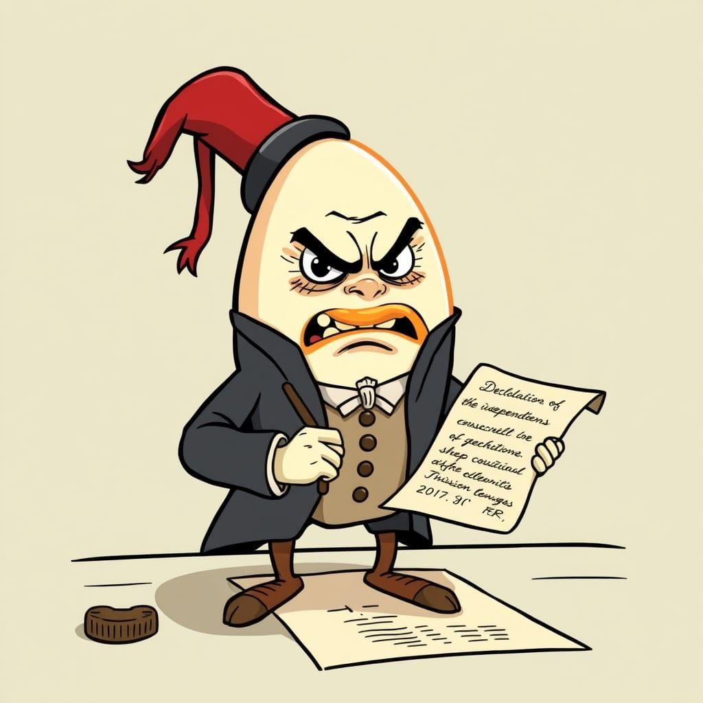 Angry Egg Signs Declaration of Independence in Cartoon Style