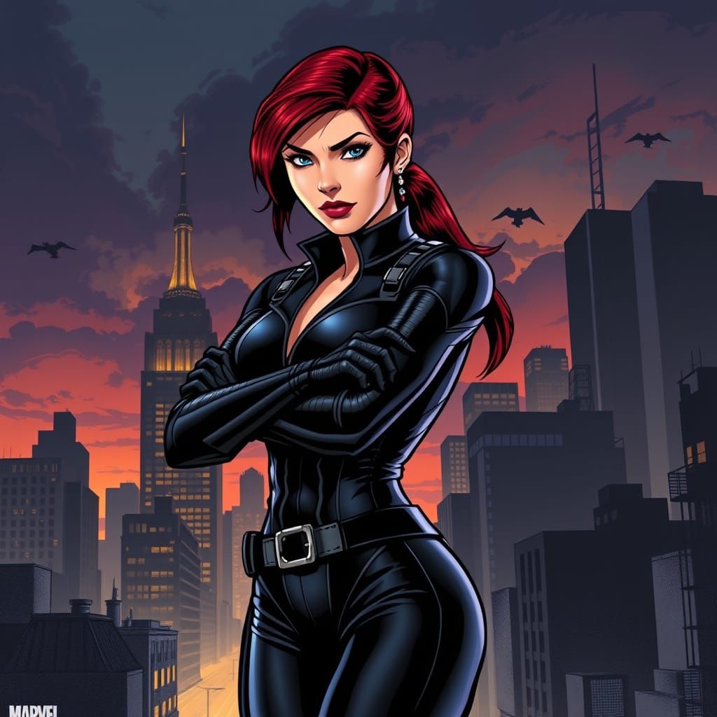 Black Widow Comic Book Art in Gritty Cityscape