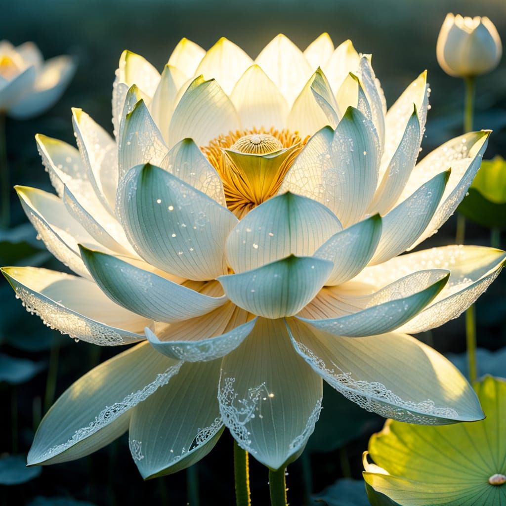 Glowing Lotus Flower Woven From Spider Silk with Morning Dew